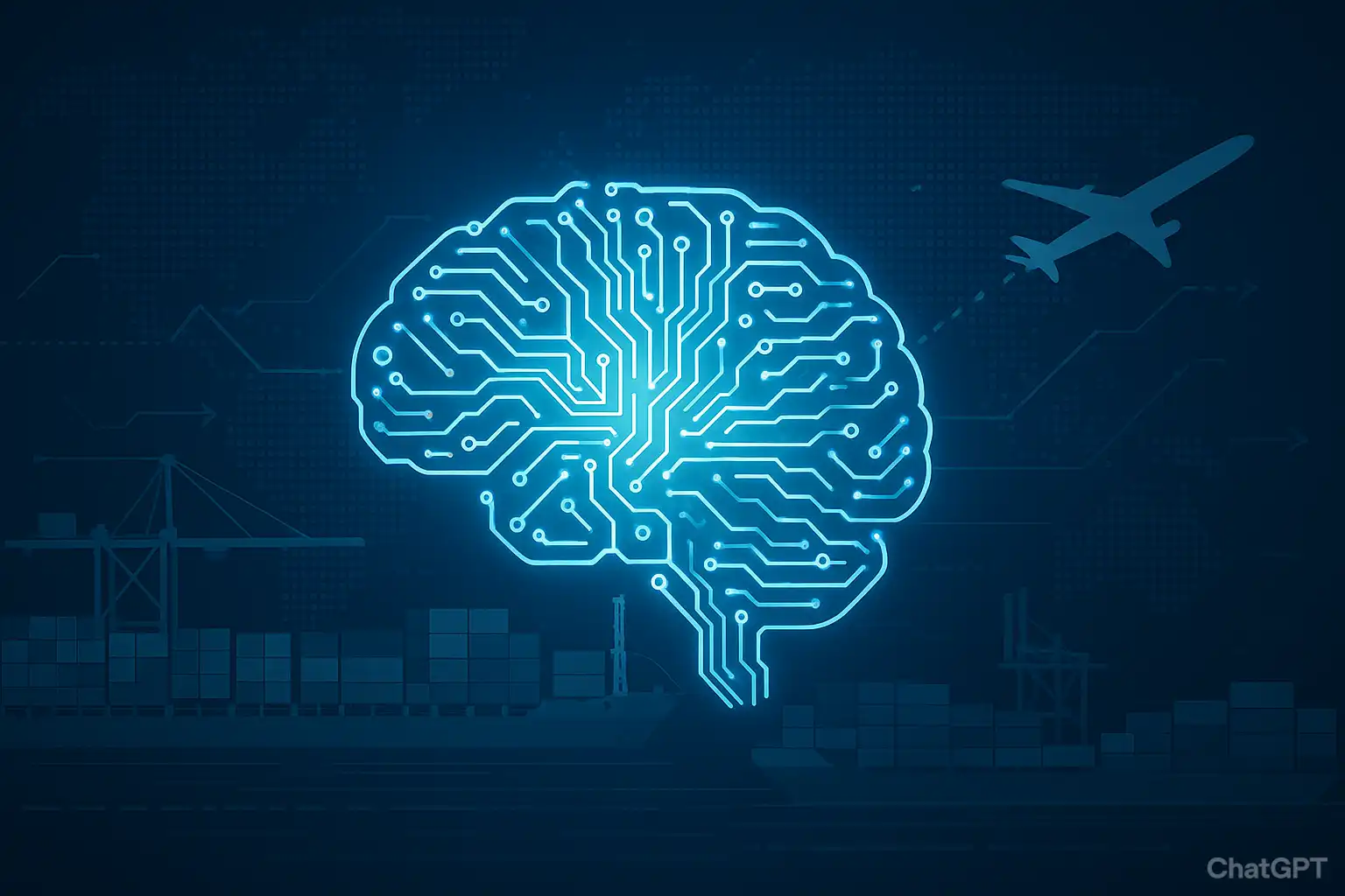 Imagem de um cérebro digitalizado com circuitos e uma aeronave ao fundo, representando tecnologia, inteligência artificial e inovação.