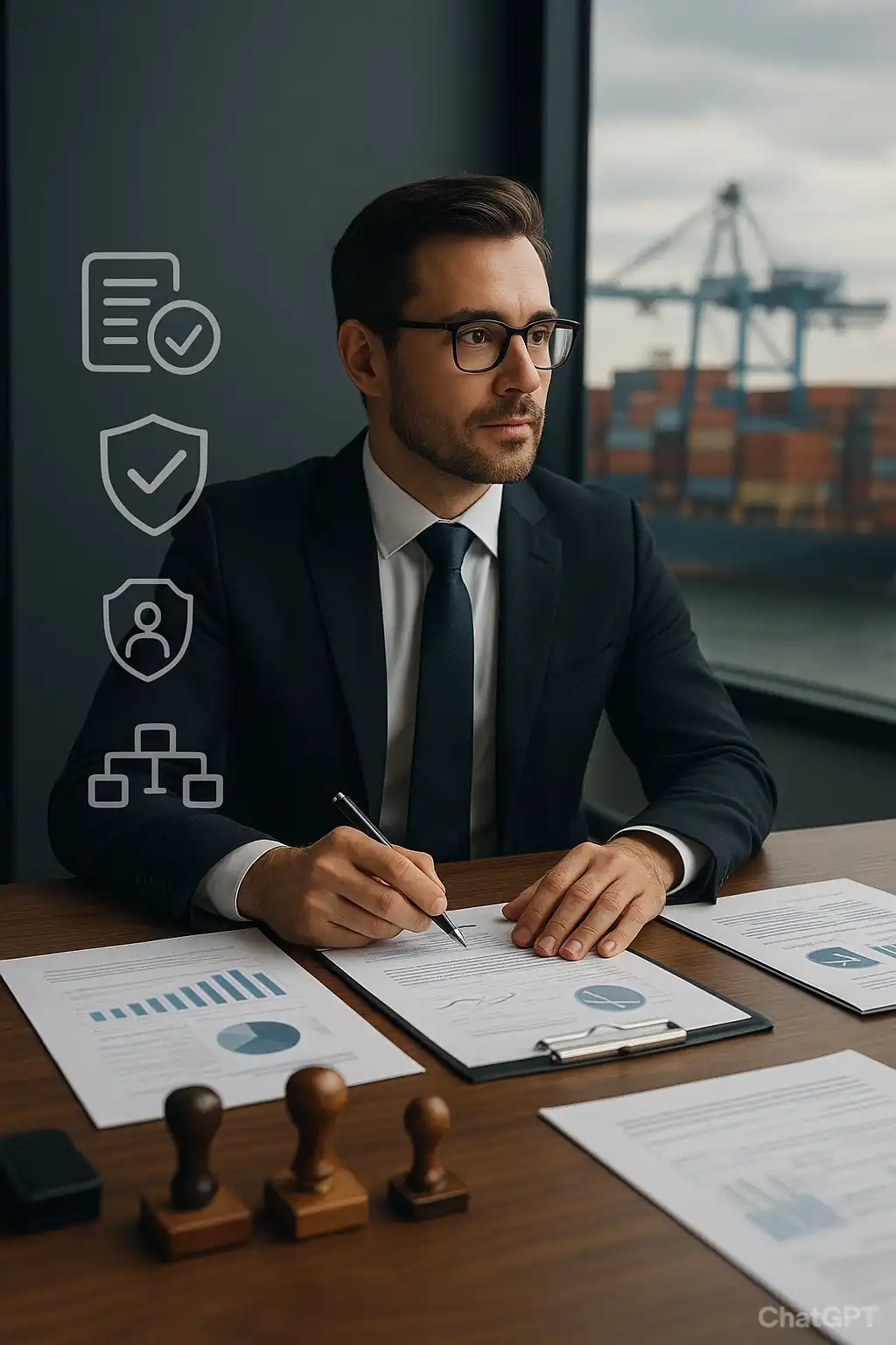 Homem de terno e óculos escuros revisando documentos em um escritório com vista para o porto, simbolizando gestão empresarial e negócios.