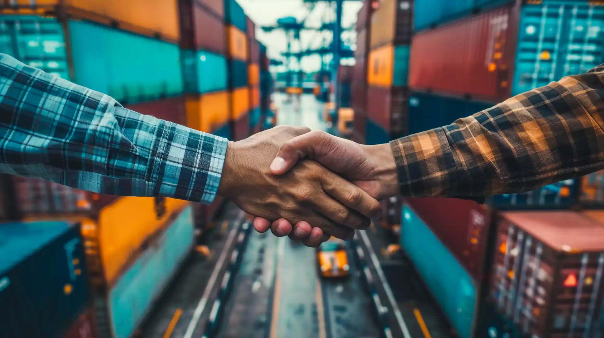 Imagem de aperto de mão entre duas pessoas em um porto com contêineres coloridos, simbolizando parceria e negócios internacionais
