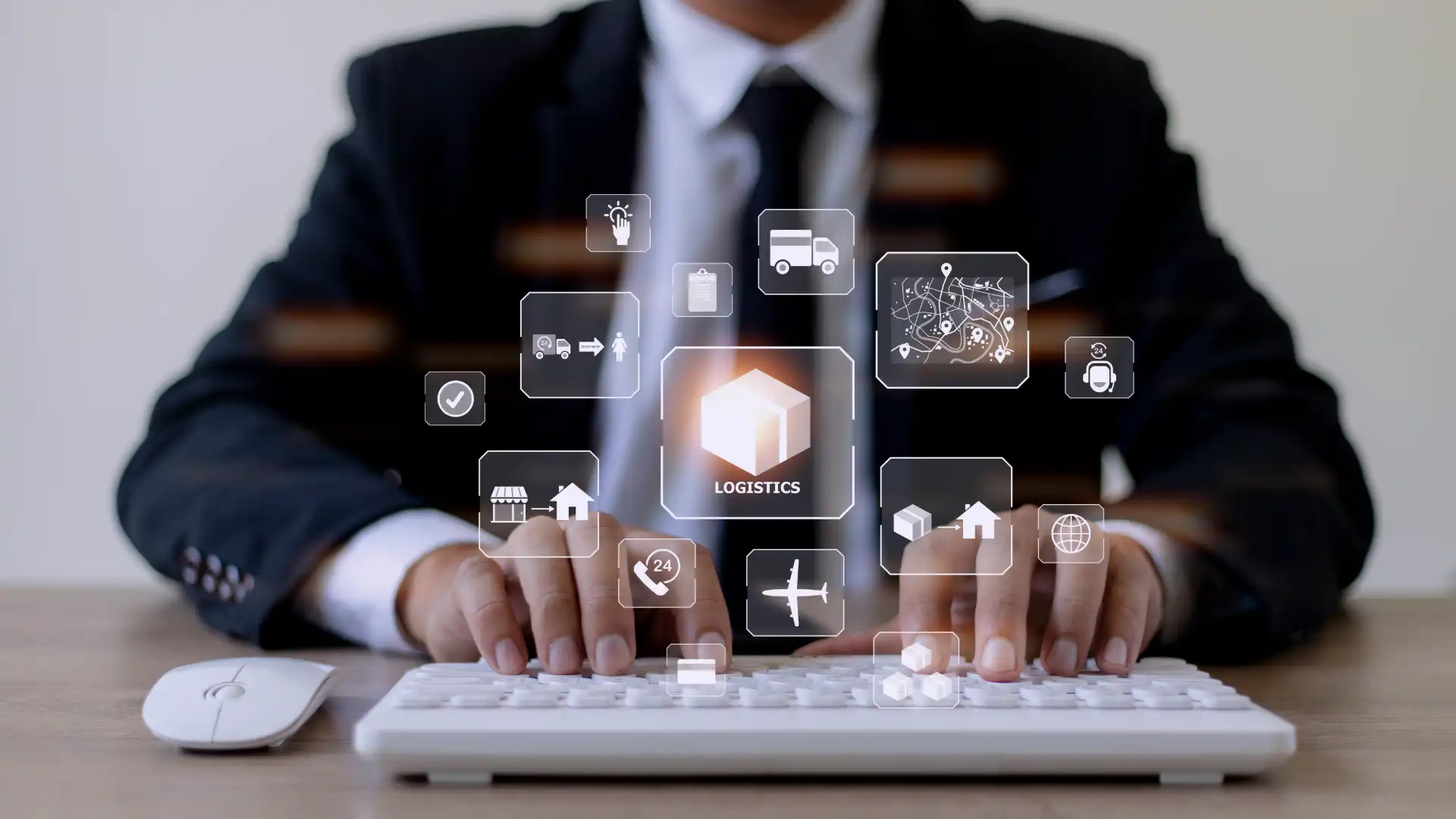 Profissional de logística usando computador com ícones digitais de transporte e cadeia de suprimentos representando gerenciamento de logística.