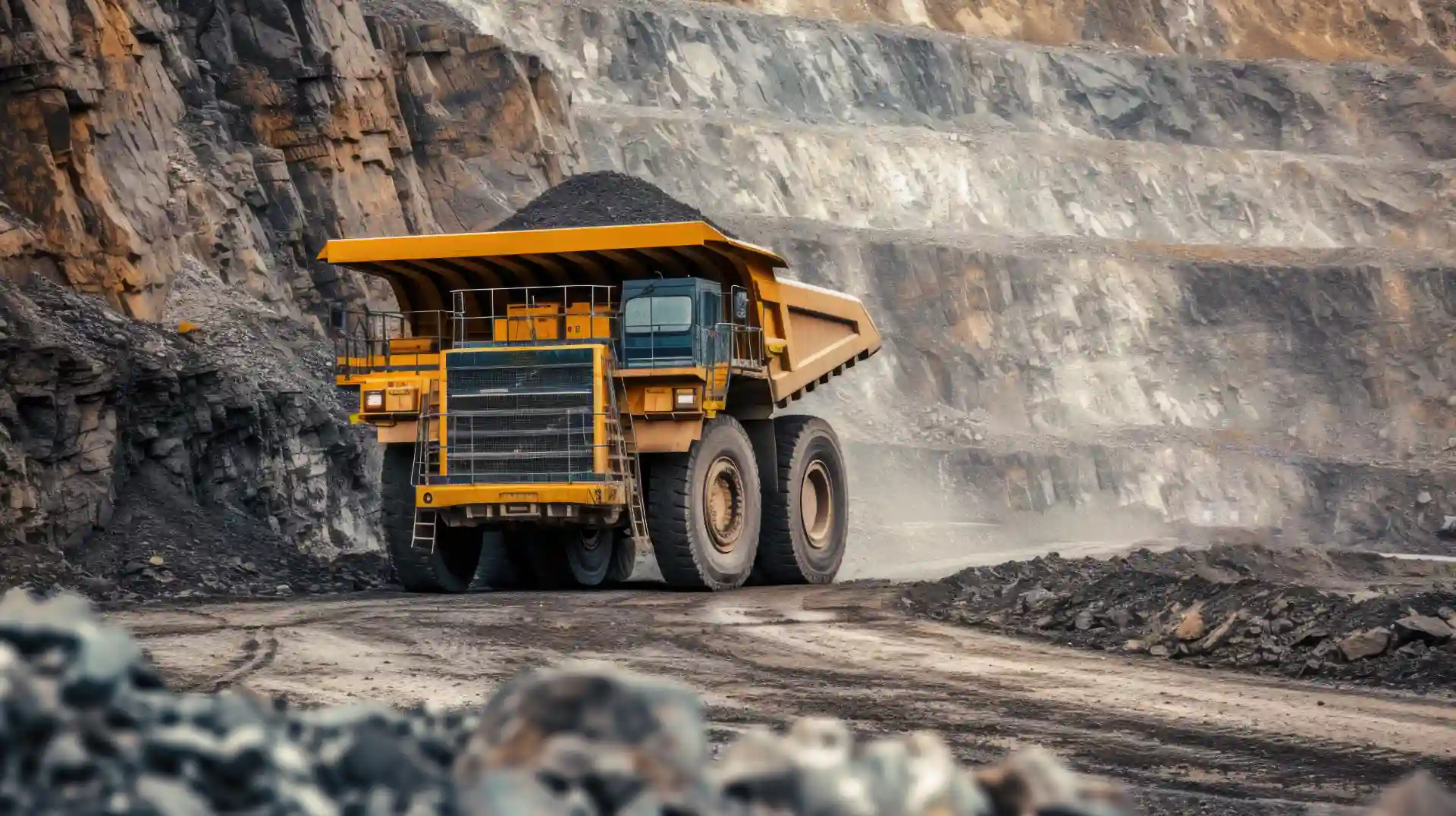 Imagem de uma carregadeira de mineração gigante em operação em uma cava de minério, destacando-se pelo seu tamanho e impacto na indústria de mineração.