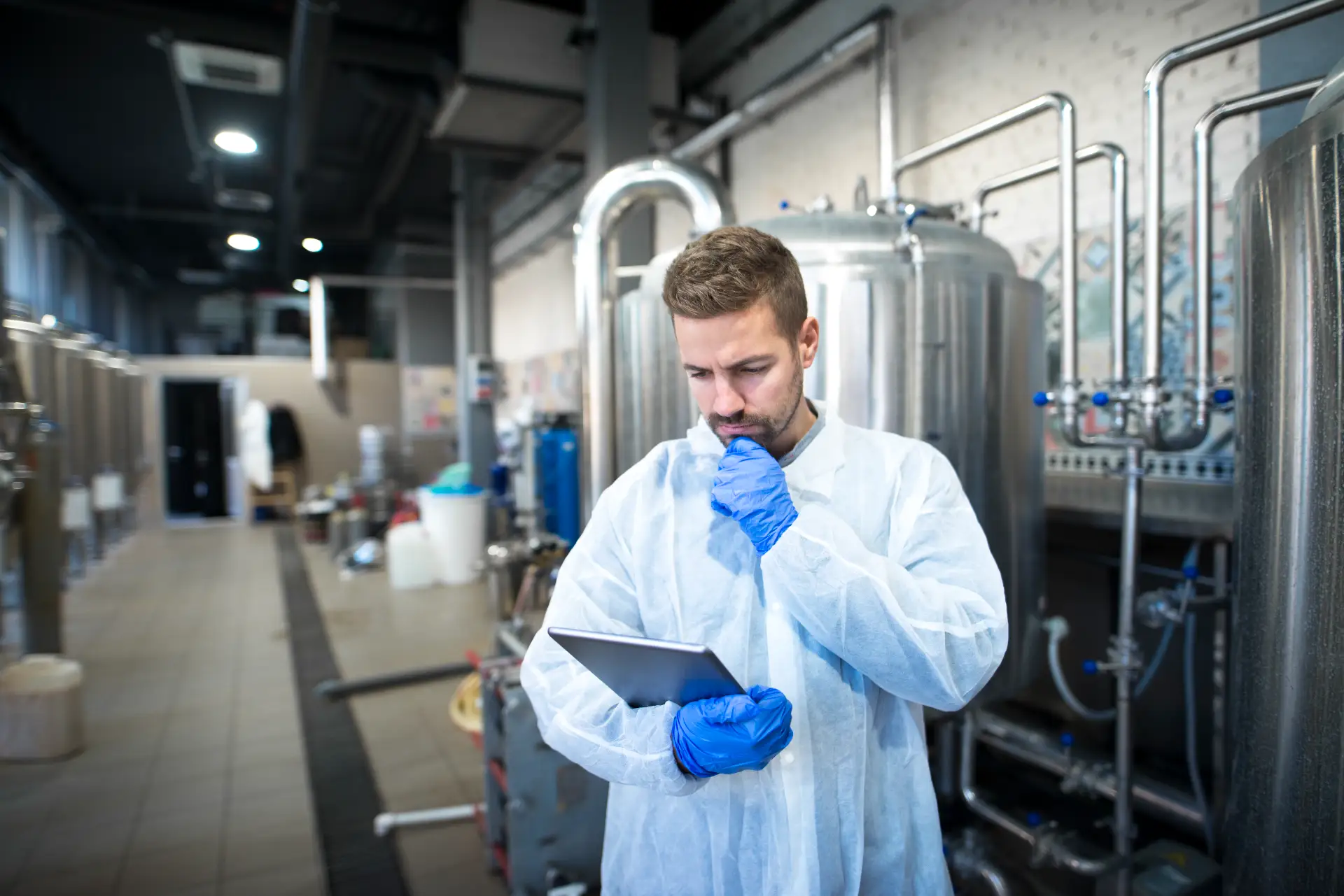 Profissional em indústria química usando luvas e roupa de proteção, em planta de produção com tanques e tubulações, consultando tablet para importar de produtos químicos.