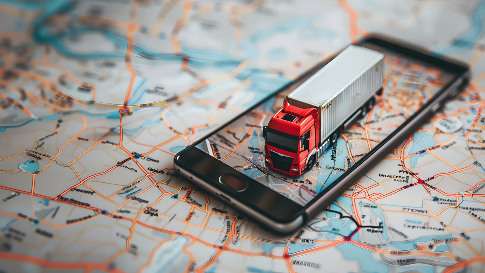 a mock-up of a truck standing on a phone and a paper map, a place for text, a concept of logistics and transport, cargo transportation and deliveries