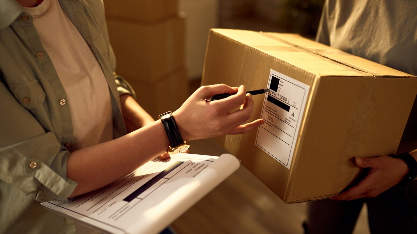 Two delivery women cooperating while checking data on the packages in the office.